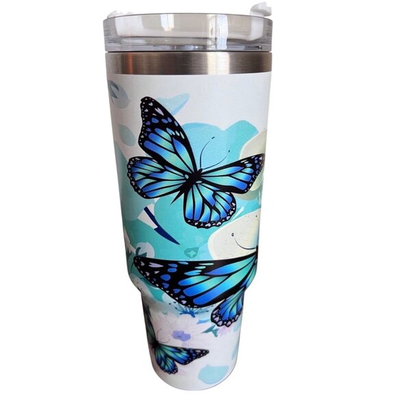 Custom Butterfly Floral Stainless Steel Tumbler With Handle & Lid - Insulated - Picture 4 of 10